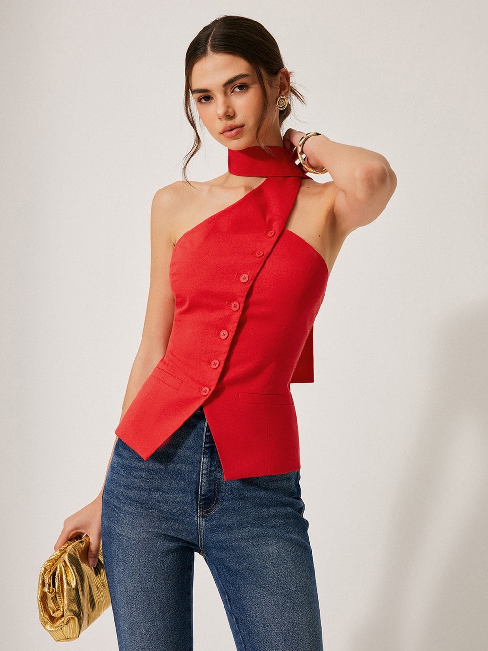Commense Red Cotton & Linen Halter Top With Decor Pockets Size Medium